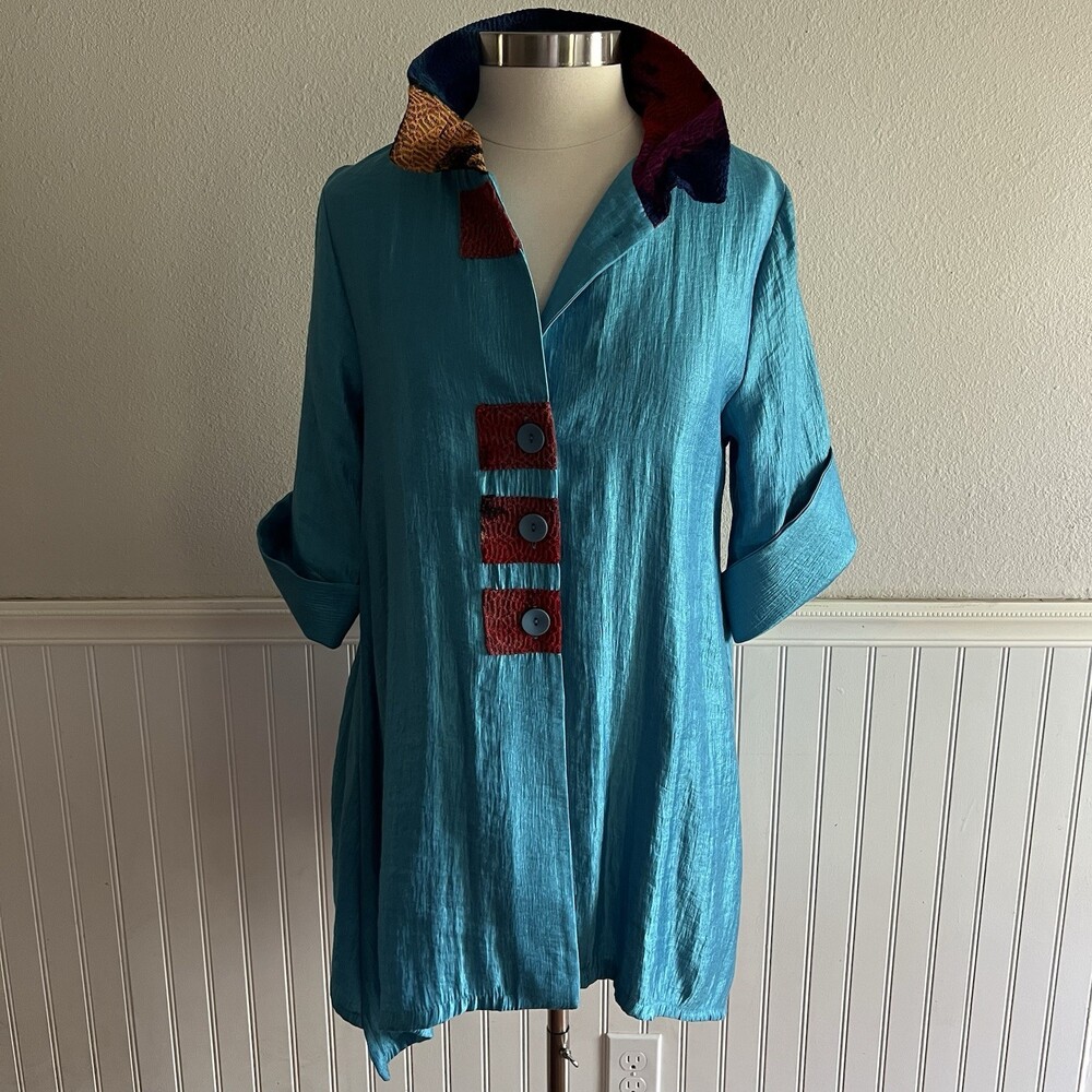 Damee Inc Collared Swing Jacket Shark Bite Hem Art to Wear Turquoise Aqua Blue M